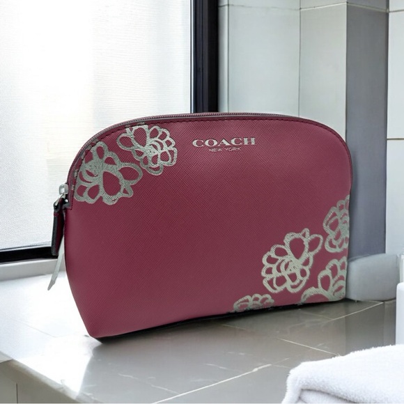 NWT Coach Burgundy Saffiano Leather Gold Flowers Dome Cosmetic Makeup Bag - Picture 1 of 9